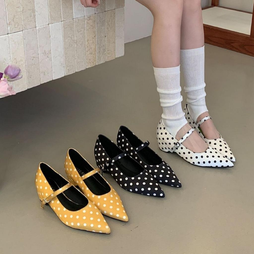 Spring French Polka Dot Pointed Head Word With High Heels Single Shoes Shallow Mouth Mary Jane Shoes Temperament Women'S Shoes
