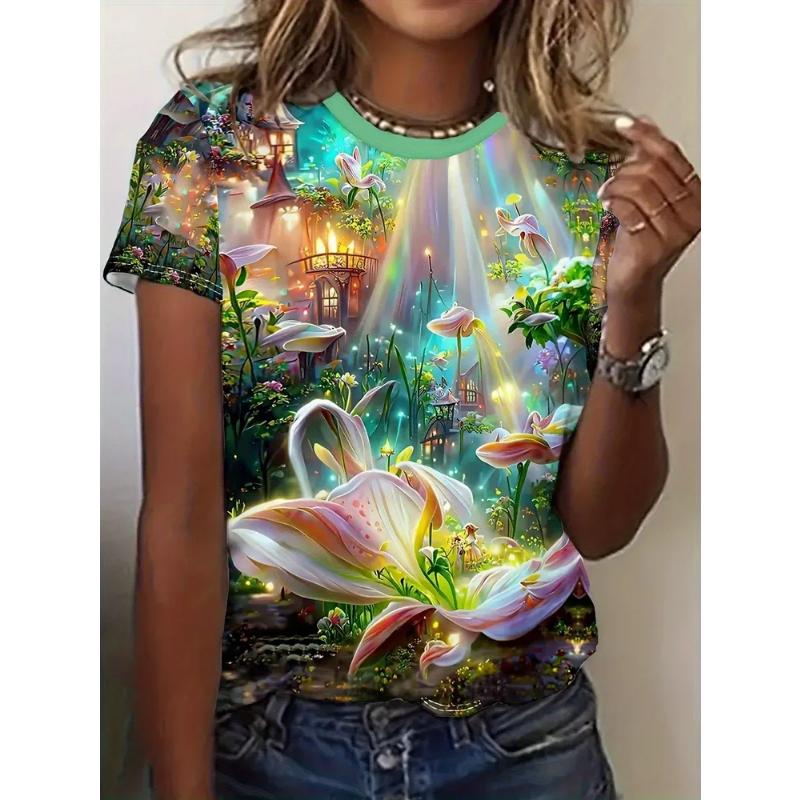 Fashion Women's Crew Neck Short Sleeve 3D Animal Color Printing Animal Short Sleeve Crew Neck T-Shirt