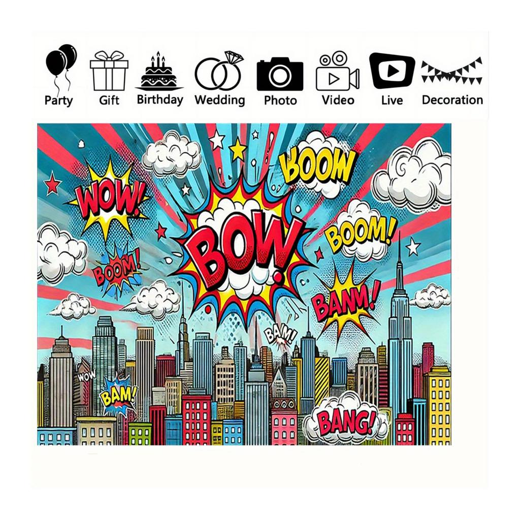 BOOM WOW Comic City Tapestry Pop Art Style Wall Hanging for Birthday Decor Dorm Living Room High Quality 2D Flat Print Design