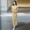 Yellow V-Neck Modern Chinese Style Long Cheongsam Dress Women 2026 Short Sleeve Elegant Daily Wear
