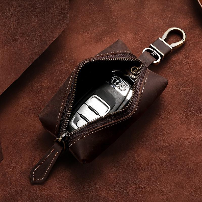 Large Capacity Leather Key Bag, Retro First-layer Cowhide Key, Leather Case, Zipper Buckle, Genuine Leather Key Bag.