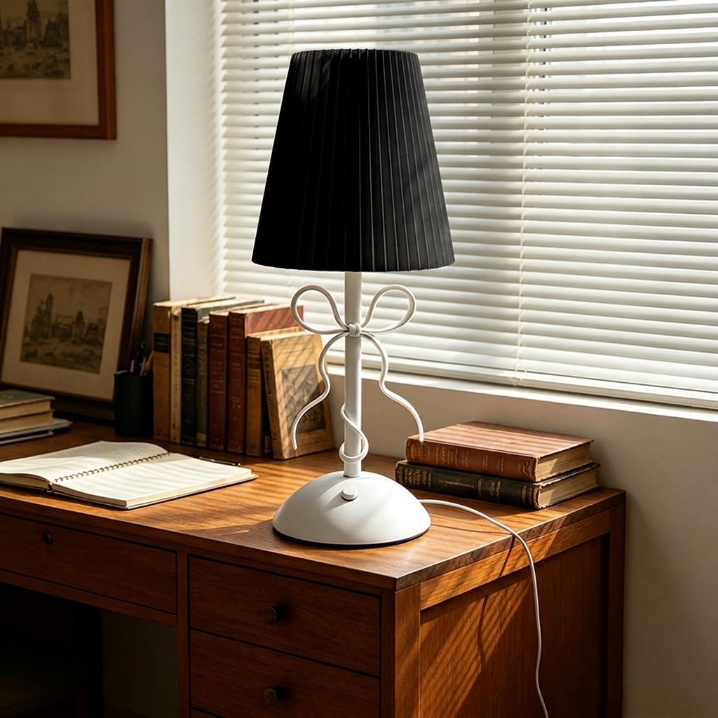 Modern Nordic LED Table Lamp with White Pleated Fabric Shade Bow Knot Design Bedside Desk Light for Bedroom Decor