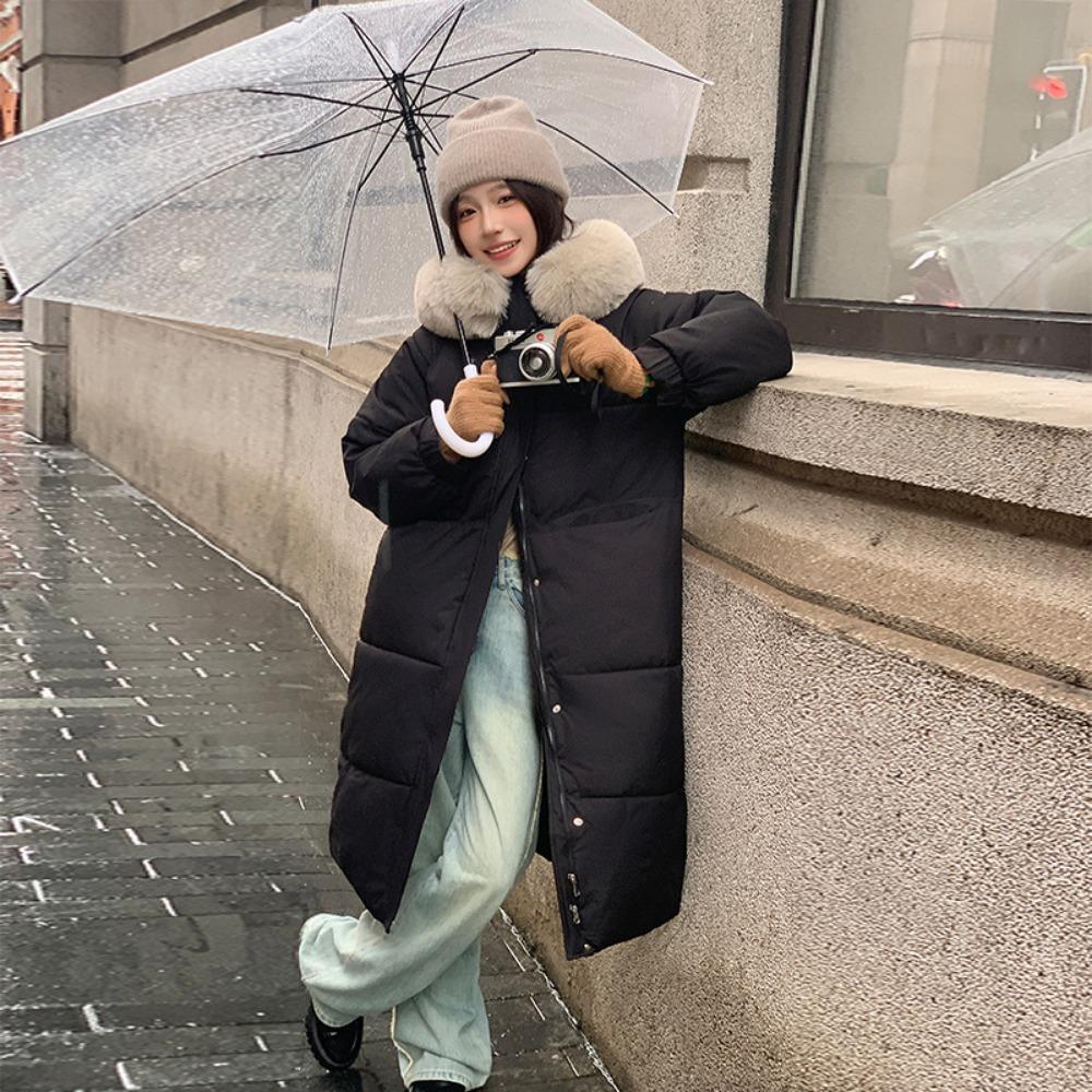 New winter down cotton clothes women's medium and long knee-length thickened slim-fitting big fur collar hooded jacket