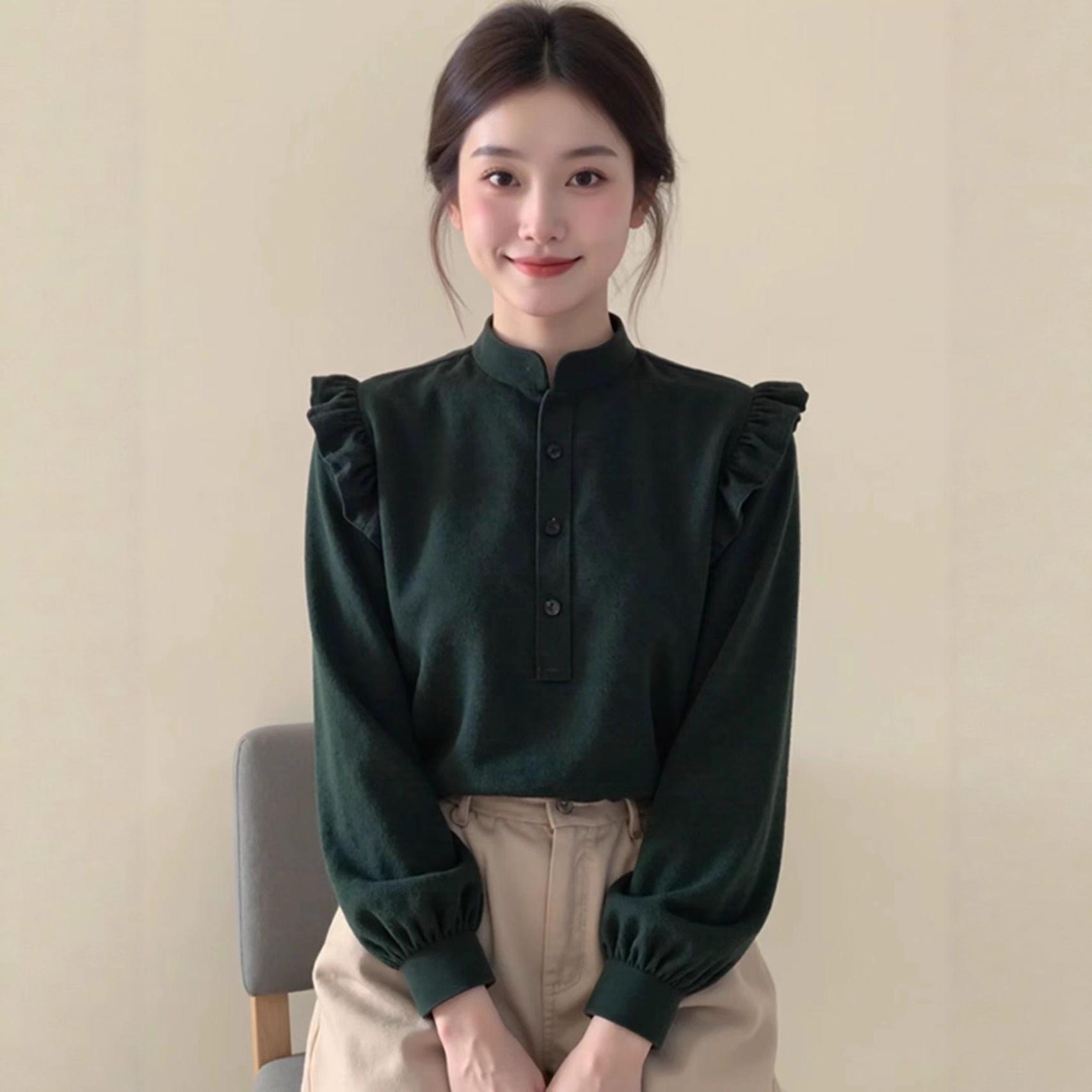 Dark Green Velvet Lace Ruffle Qipao Top - Autumn Design with Timeless Chinese Style M