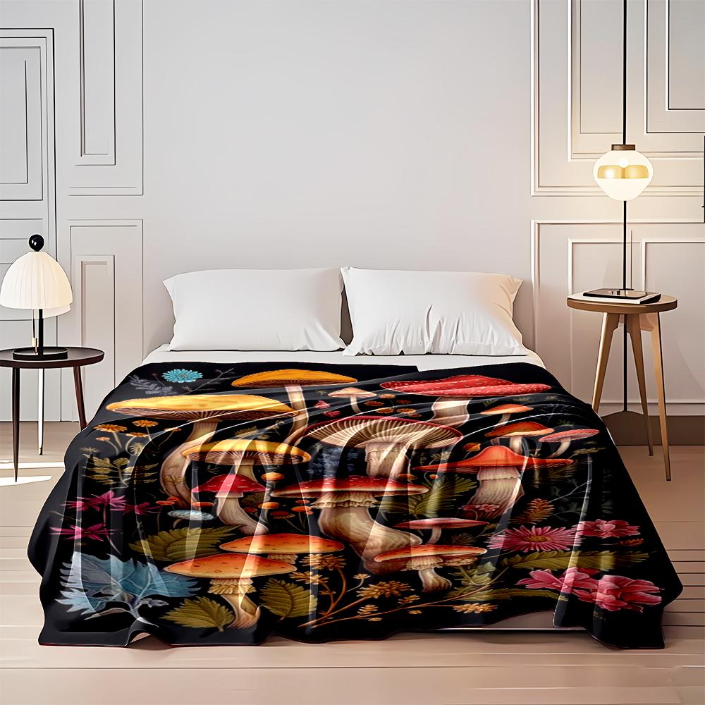 Colorful Mushroom and Floral Illustration Blanket Flannel blanket for bedroom, living room, sofa, and nap sofas.