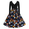 Women's V-Neck Long Sleeve Retro Dress with Halloween Print for Casual Daily Wear