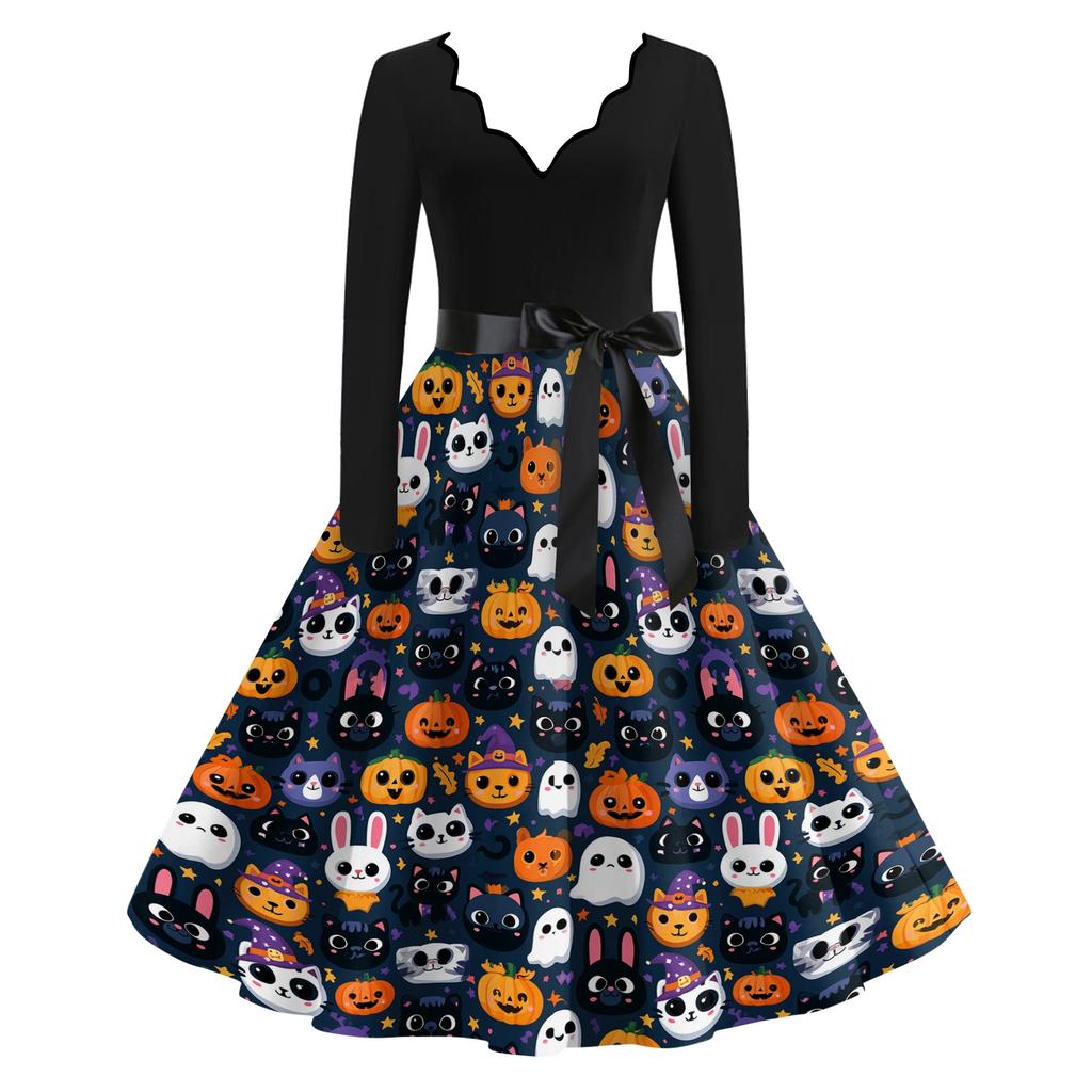 Women's V-Neck Long Sleeve Retro Dress with Halloween Print for Casual Daily Wear