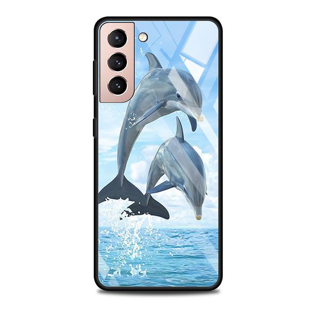 Blue Sea Animal Cute Dolphin Glass Case For Samsung Galaxy S21 S20 Ultra S10 Plus Lite S20fe 5g S10e S9 S8 Bumper Cover Funda