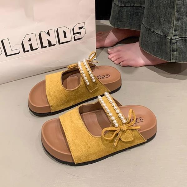 Fashion Shoes Slippers Women Summer Platform Butterfly-Knot Fretwork Heels Low Pantofle String Bead Slides 2025 Rome Rubber Fabric Retro
