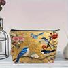 1 Stück leichte, faltbare Kosmetiktasche aus Stoff mit floralem Vogelmuster, Reißverschluss und goldenem Hintergrund