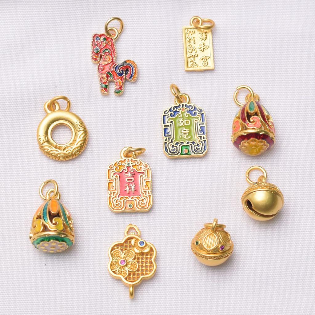 10pcs Color-Preserving Ancient Sand Gold Pendant Guochao Lotus Pod Lucky Gourd Pendant Beaded Diy Bracelet Necklace Pendant Accessories