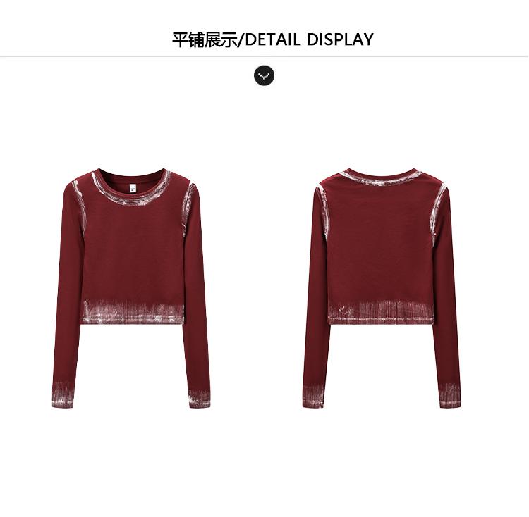 Color Brushing Craft Spicy Girl Short T-shirt Fashionable Spring and Autumn Style Personalized Long-sleeved Round Neck Slim Fit Inner Top