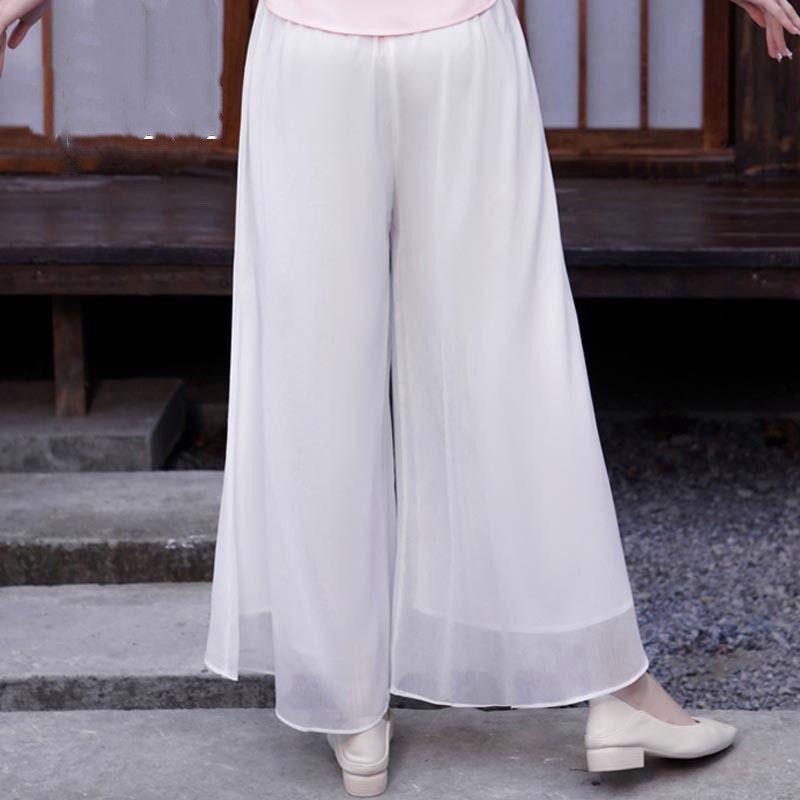 Women's Summer Boho-Chic Vintage Double-Layer Chiffon Embroidered Wide-Leg Pants: High-Waisted, Elegant, Lightweight Tang-Style Skirt-Pants