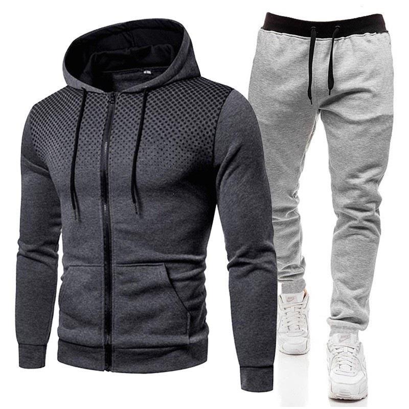 New European & American Polka Dot Print Zipper Hoodie & Sweatpants Set with Velvet for Men & Women.