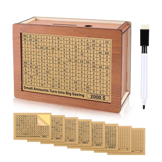 Wooden Money Box with Counter Marker Pen Target Number Sticker Vintage Piggy