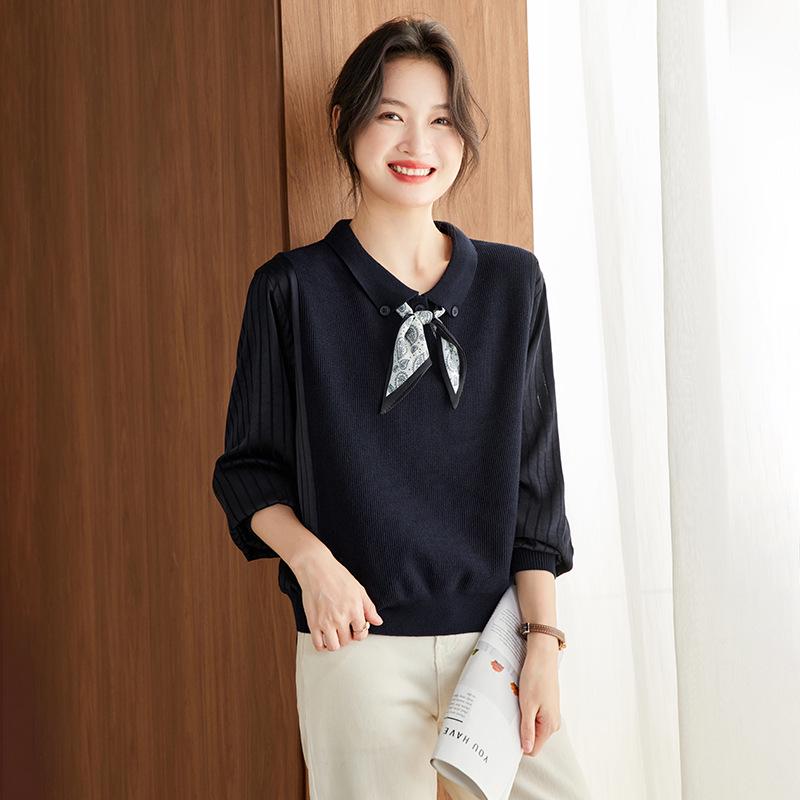 Women's Elegant Autumn Lapel Knitted Sweater, Fake Two-Piece Loose Top