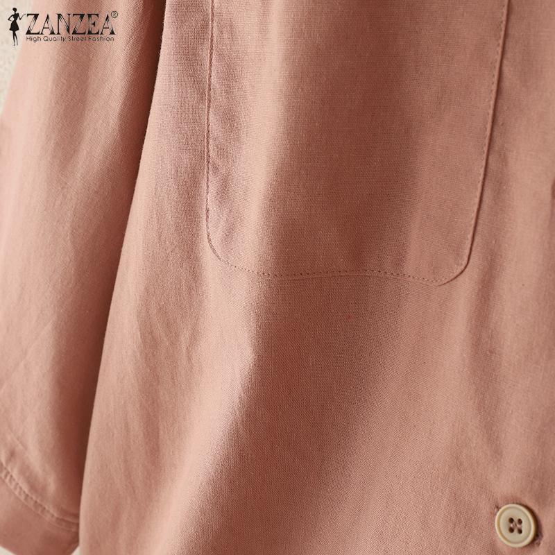 ZANZEA Women Turn Down Collar Loose 3/4 Sleeve Cotton Blouse