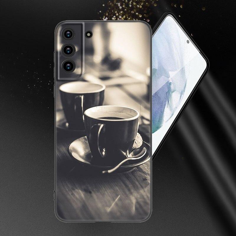 Coffee Wine Cup Phone Case For Samsung Galaxy S20 S21 FE S22 Ultra S10 Lite S10E S9 S8 Plus S7 Edge Soft TPU Black Cover