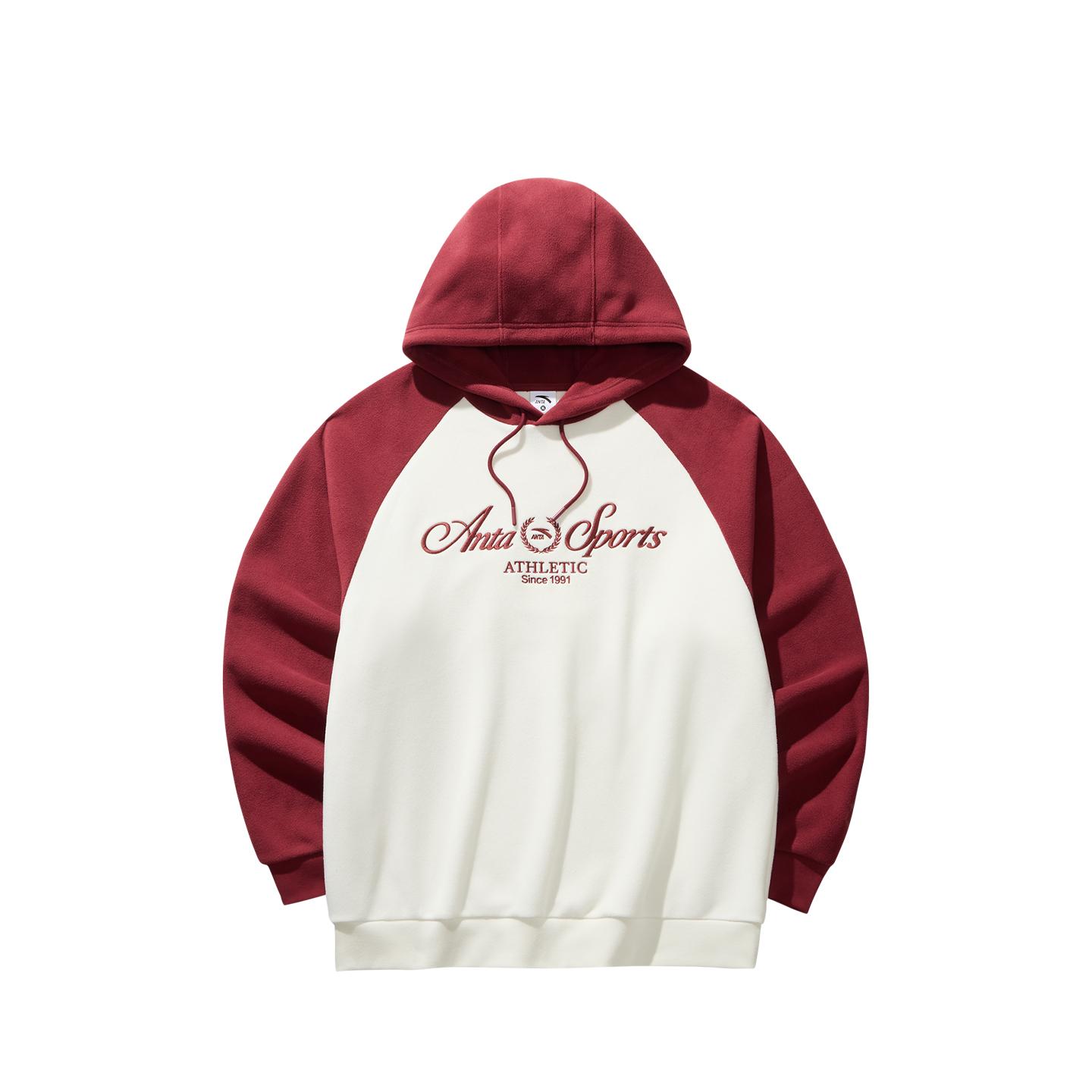 ANTA Men s Vintage Raglan Sleeve Letter Embroidered Hooded Sweatshirt Off White Red 952548704-2 S