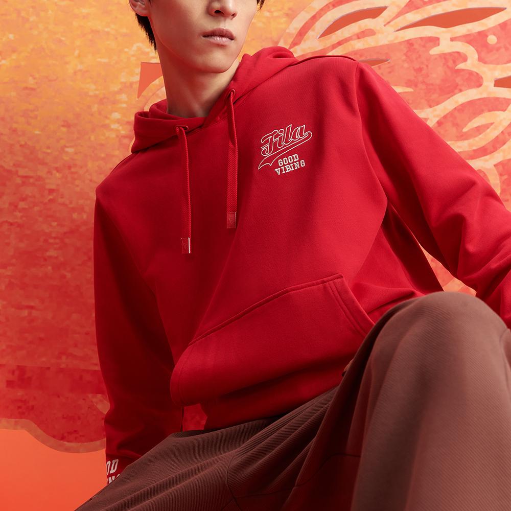 Fila Fusion New Year Dragon Fortune Series Letter Logo Printed Sports Hoodie Men Hoodies Pomegranate-Red T11M412208FRD