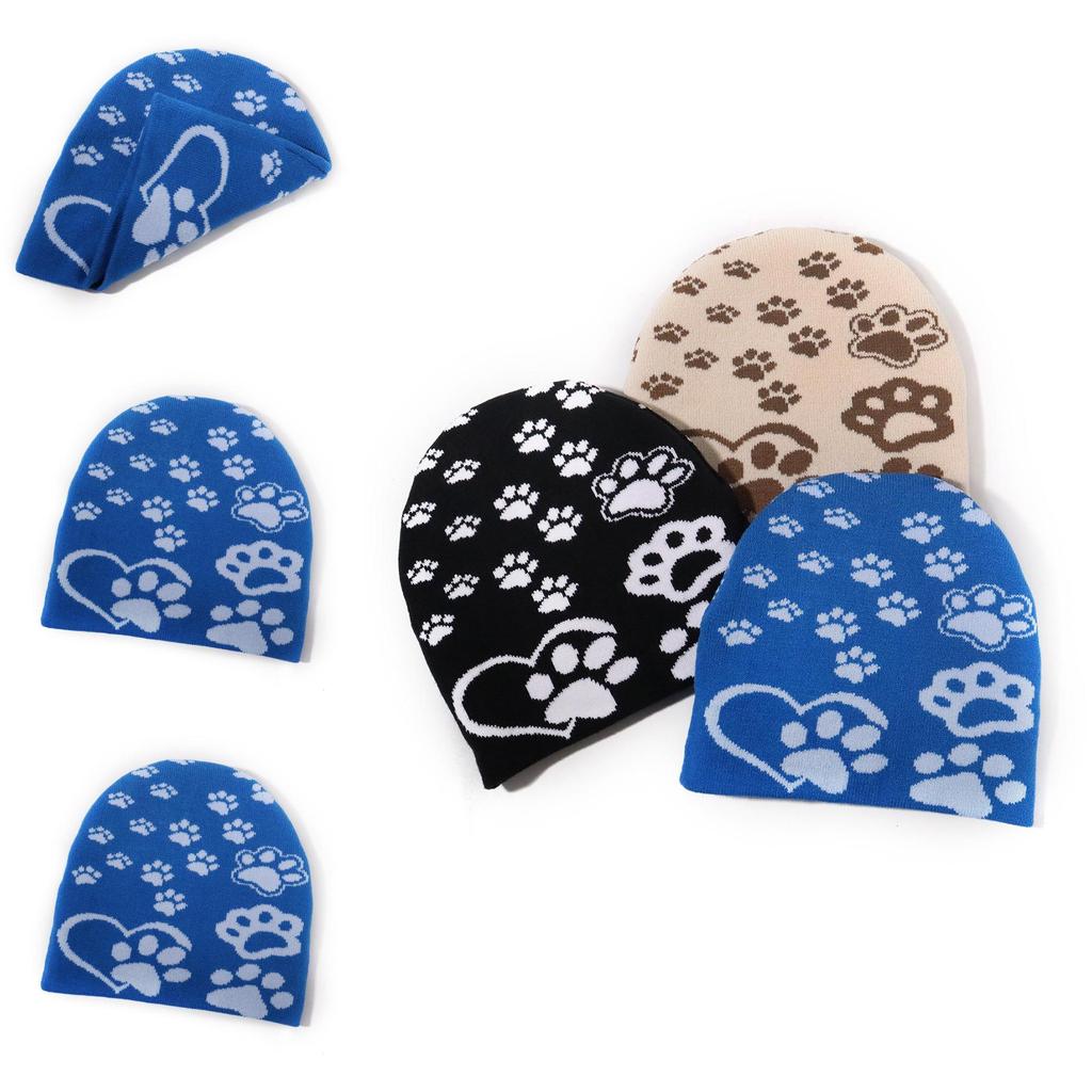 Winter Knit Hat With Paw Print Design For Casual Outdoor Wear And Cold Weather Protection