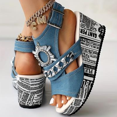 Sandali con zeppa e catena di strass da donna Tacchi alti Tessuto denim punta aperta Design stampato casual