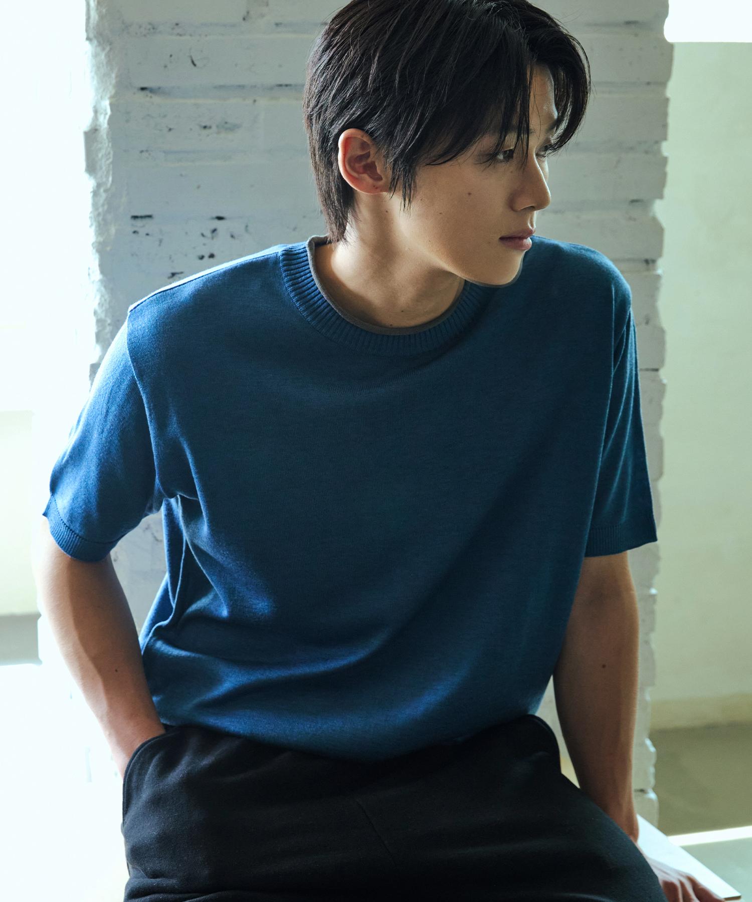 Nod You Neck-Pointing Short Sleeve Knit [Blue] M