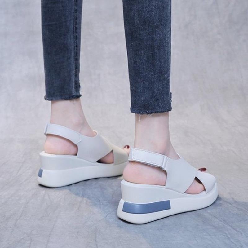 Women Soft Leather Peep Toe Thick Sole Muffin Wedge Sandals