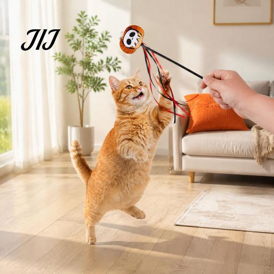 Spooky Spider Pumpkin Skull Toys Halloween Cat Wand Toy, Interactive Toy with Feathers And Bell, Designs, Ribbon for Indoor Cats Lightweight
