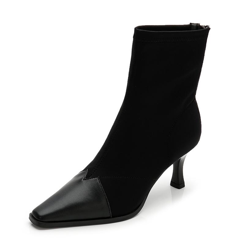 

Модные женские сапоги-носки из овчины и эластичной ткани в стиле пэчворк на высоком каблуке, ботильоны разных цветов, модные сапоги-трубы, эластичная обувь 4.5 чёрный