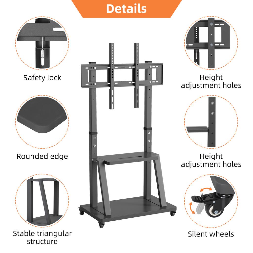 Mobile Floor TV Cart Stand  for 32-100 Inch TV Mount Trolley with Shelves