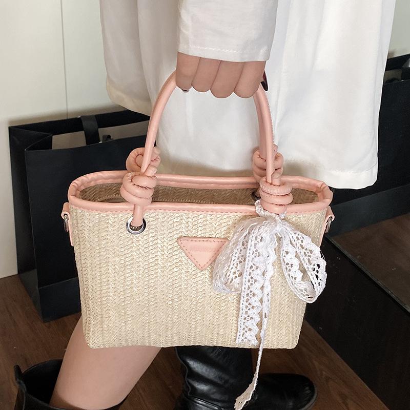 Foreign Style Contrasting Colors Straw Weaving High-end Sense Portable Bucket Bag Temperament Casual Gentle Wind Chain Messenger Bag Woman