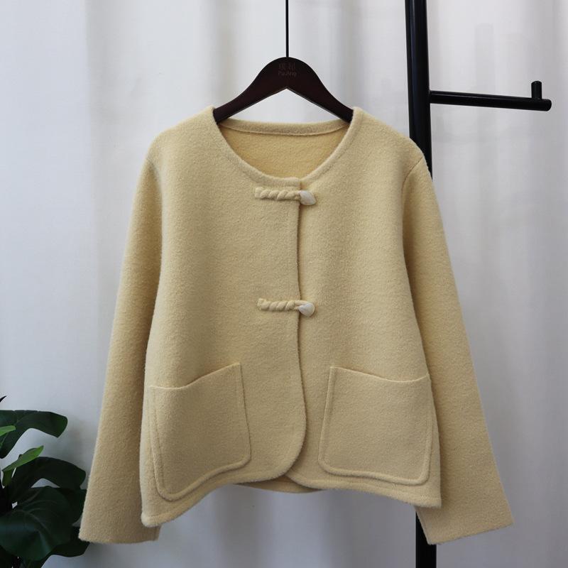 Love Buckle Knitted Double-sided Cardigan Short Coat Autumn and Winter New Loose Sweater Jacket Women