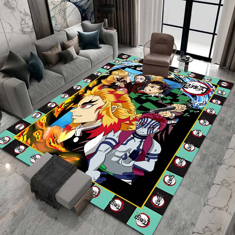 Cute cartoon Kimetsu no Yaiba rug, suitable for playrooms, bedrooms, living rooms, sofas, and other home décor; non-slip rug for