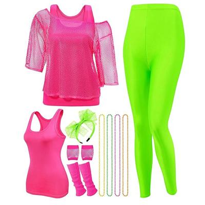 12 Pcs 80s Costume Outfits Accessories For Woman Party Fishnet Shirt Legging Vest Hairband Necklace Gloves Leg Warmer