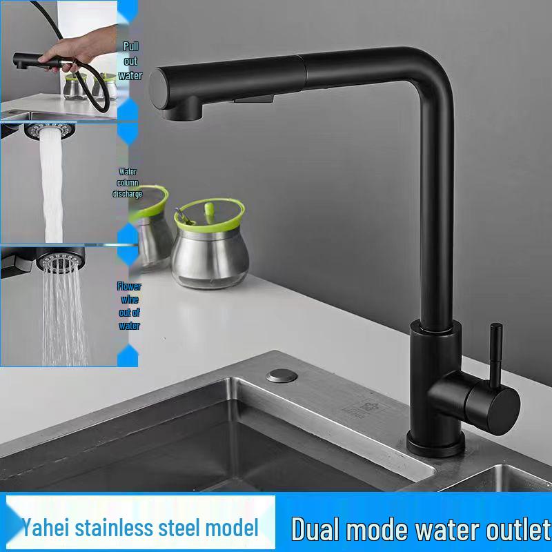 

Stainless Steel Pull-out Kitchen Faucet with Dual-Function Telescopic Rotating Spout for Vegetable Sink (Hot & Cold Water) Black