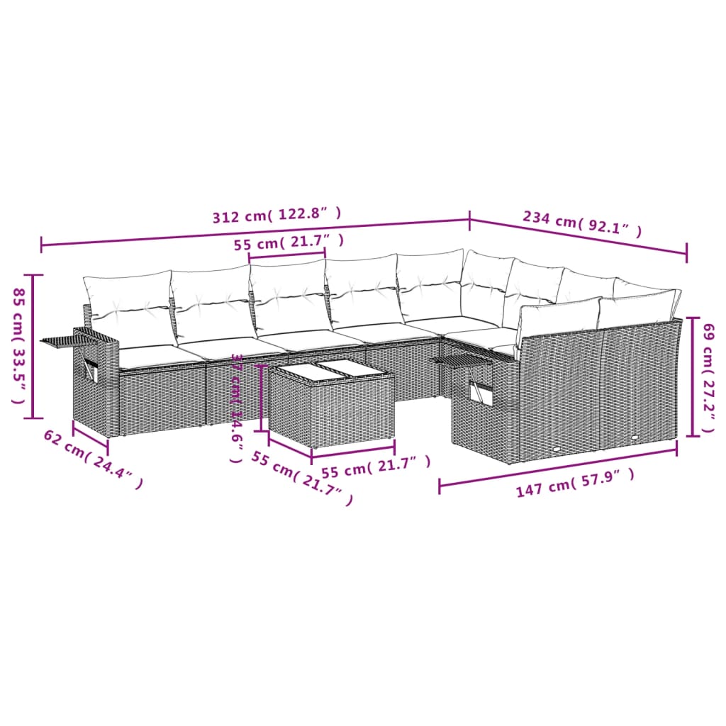 Vidaxl 10-Cz. Set da Giardino, Cuscini Rattan Nero Pe