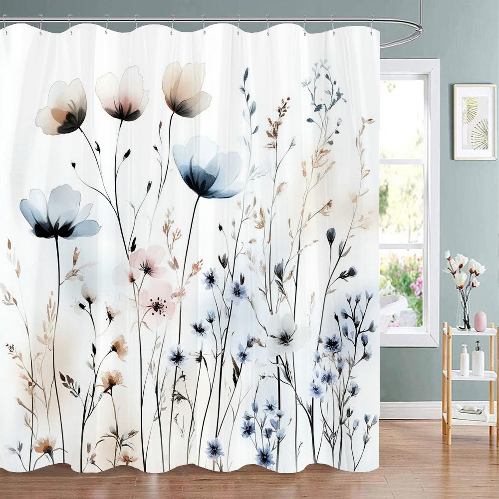 Beautiful Flowers Shower Curtain for Bathroom Blue Floral Romantic Wildflower Plants Nature Scenery Home Decor Curtain with Hook