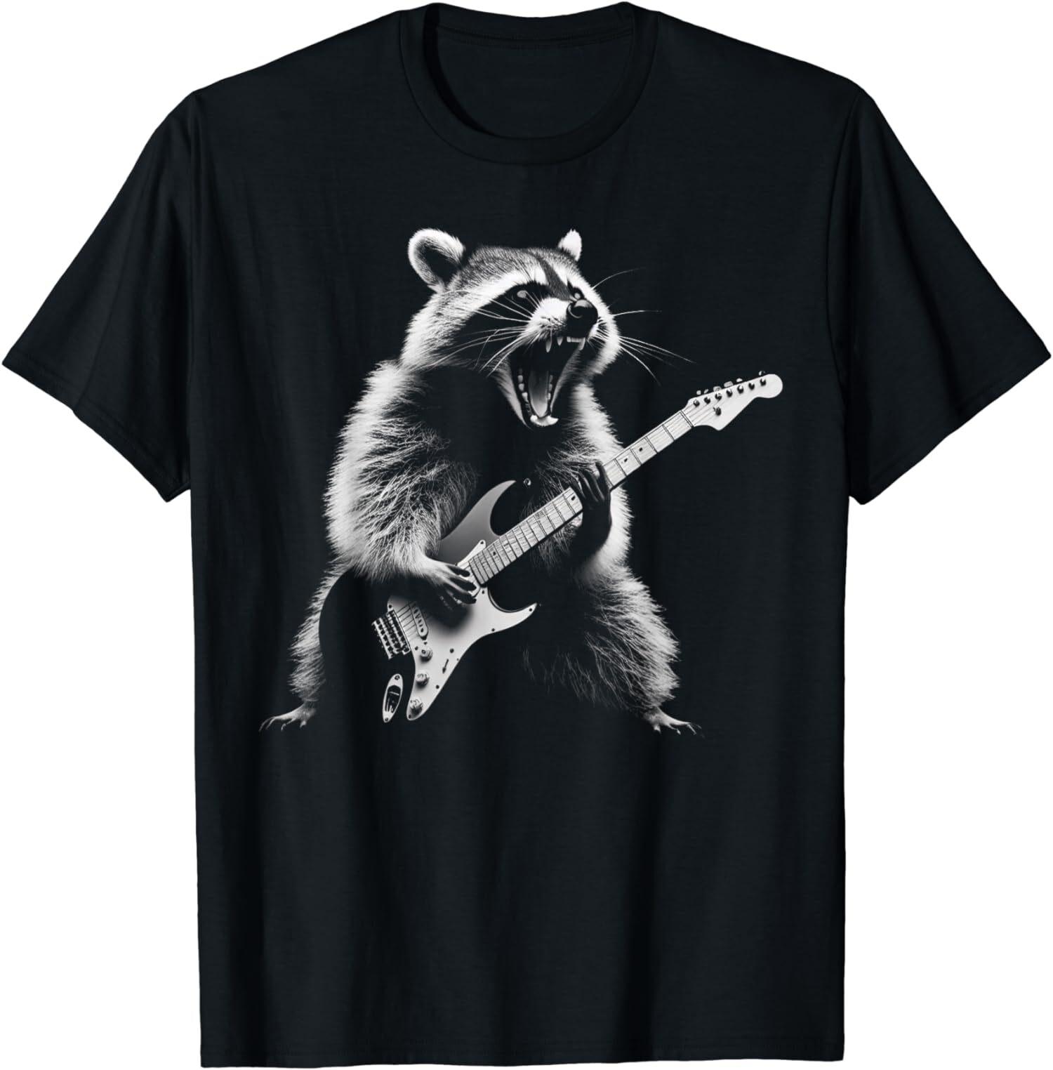 NEW LIMITED Funny Raccoon Playing Guitar Shirt Guitar Raccoon Rocks Fun T-Shirt XXL
