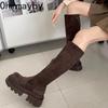 Winter Platform Punk Style Woman Knee High Boot Concise Slip On Elastic Slim Shoes Ladies Thick Bottom Knight Long Booties