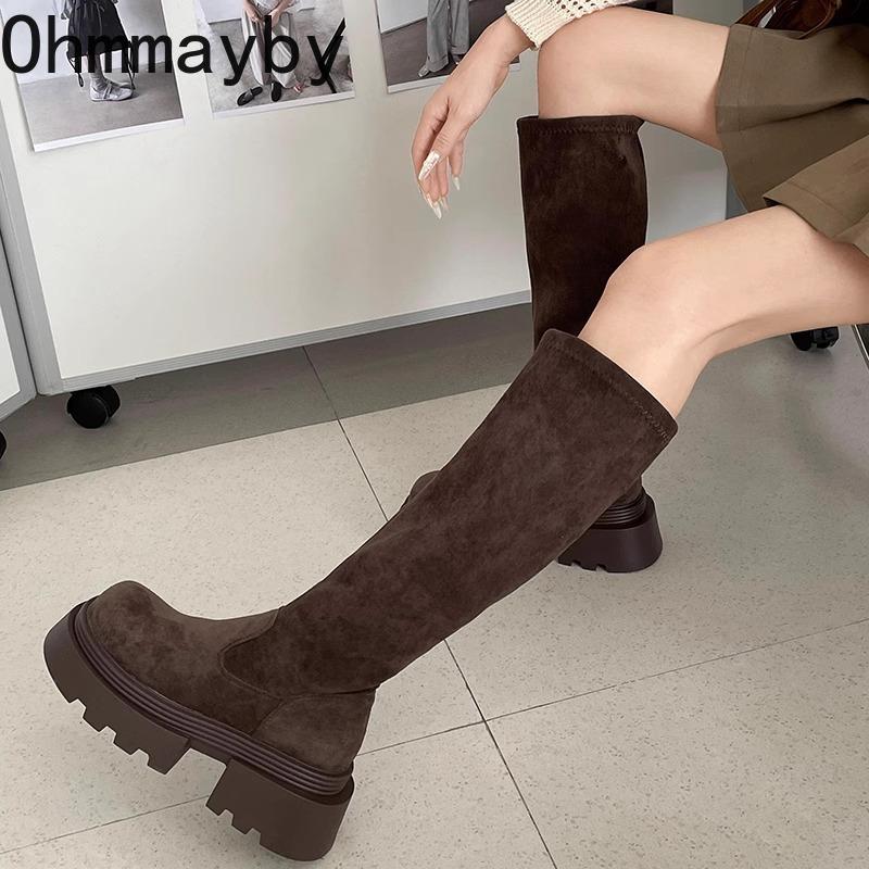 Winter Platform Punk Style Woman Knee High Boot Concise Slip On Elastic Slim Shoes Ladies Thick Bottom Knight Long Booties