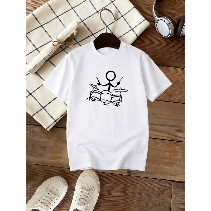 Kids Crewneck Short Sleeve T-Shirt, Minimalist Black White Sketch Cool Drum Set Drummer Print 110 белый