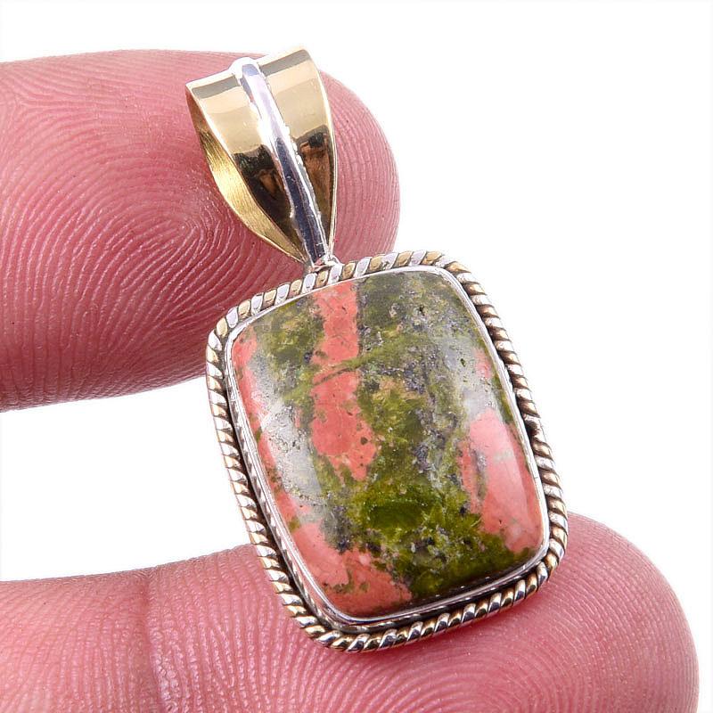 

Natural Unakite Gemstone 925 Solid Sterling Silver Two Tone Pendant 1.25 b5T81