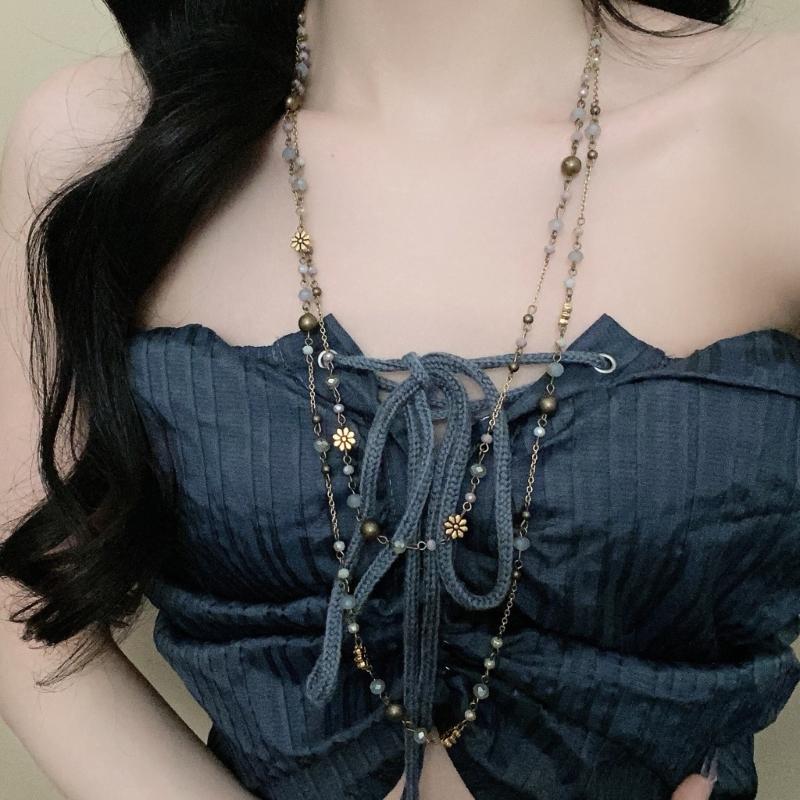 Retro Style Floral Bead Collarbone Chain Necklace With Aged Finish Alloy Jewelry Piece Perfect For Daily Wear