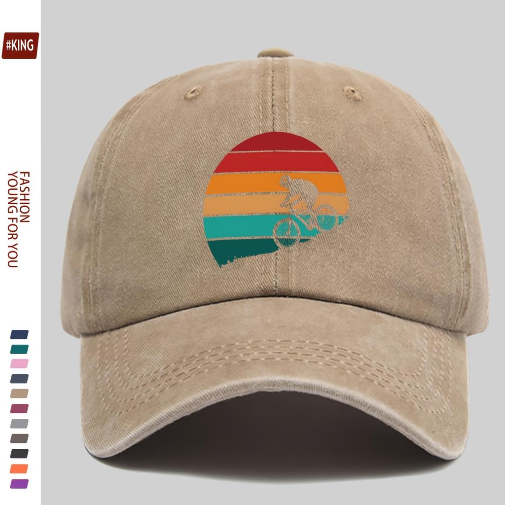 Retro Cycling Sunset Graphic Baseball Cap Washed Cotton Adjustable Sports Outdoor Hat