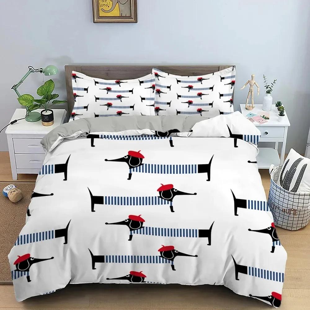Cute Dachshund Sausage Dog Cartoon Puppy Animal 3D Duvet Cover Bedding Set Comforter Linen Pillowcases  Double Twin King Queen