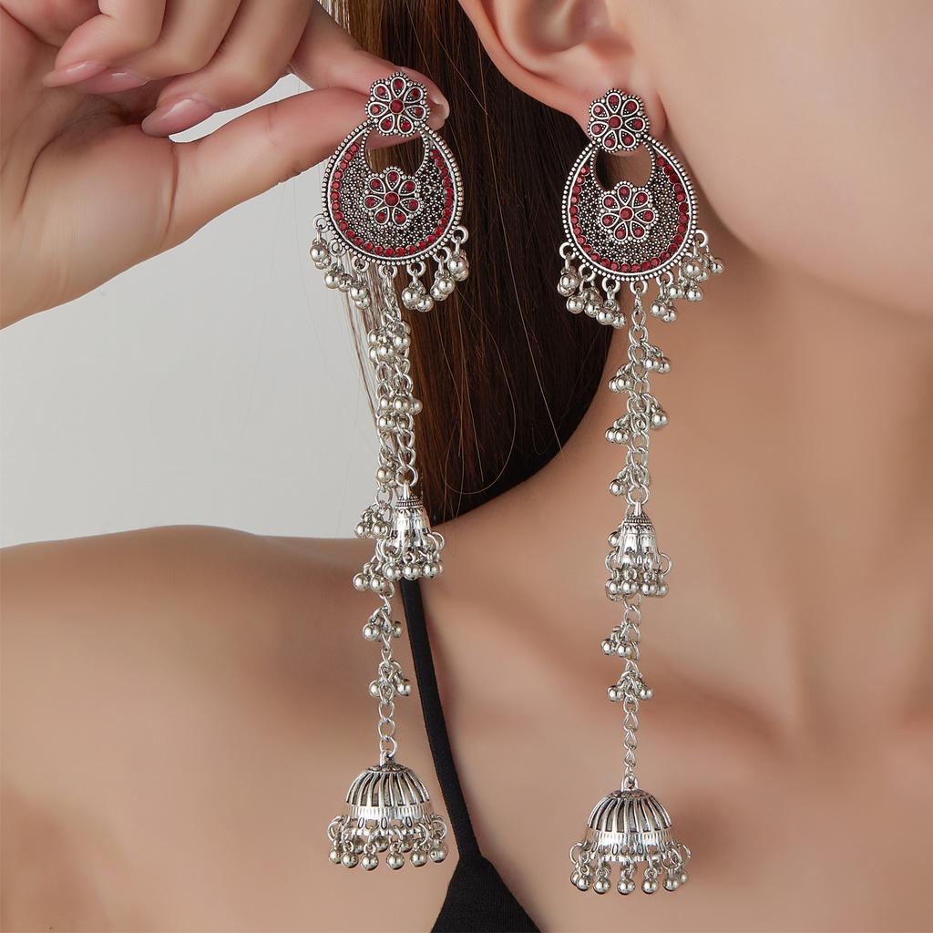 Retro Diamond-Encrusted Bell Long Fringed Flower Earrings, Bohemian Ethnic Style Fashion Design Earrings Women