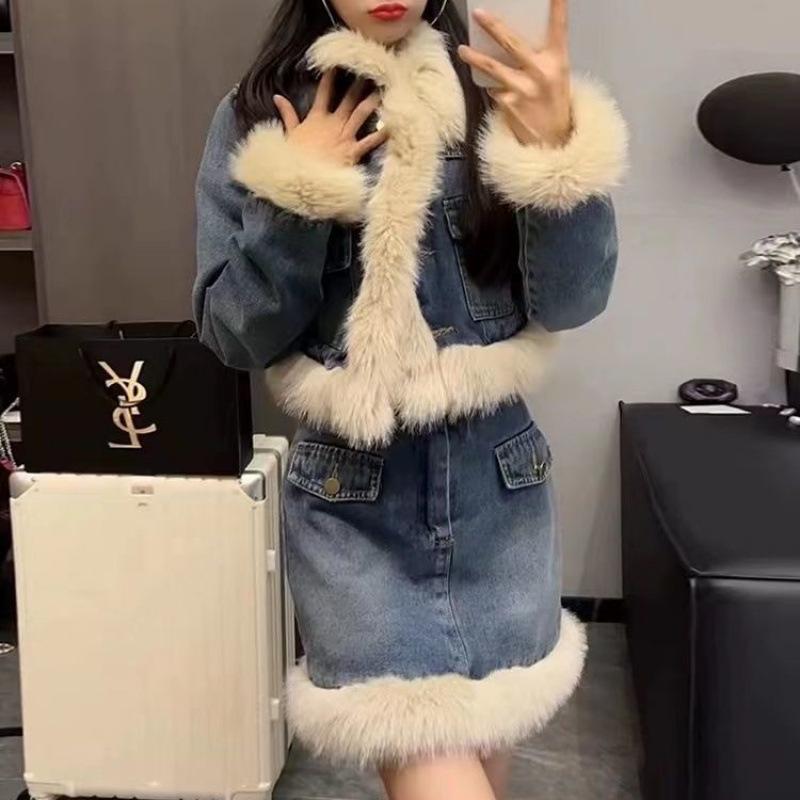 

Высококачественный ретро джинсовый зимний комплект-двойка: Пушистое пальто и длинная миди-юбка - стиль главной героини корейской дорамы 2XL (recommended 135-150 jin)