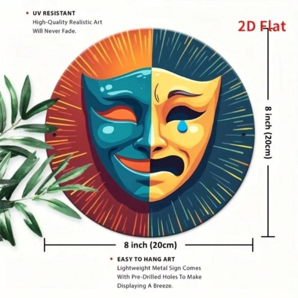 Vintage Drama Masks Metal Sign Teal Blue Red Theater Wall Art Home Decor