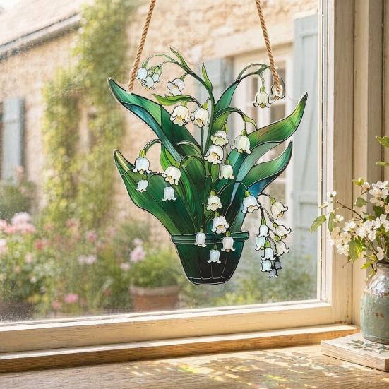 Yousheng Lily of The Valley Sun Catchers, Lily of The Valley Window Hanging, Acrylic Flower Hanging Pendant for Indoor Outdoor